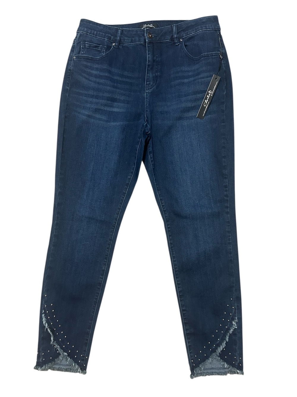 Charlie B Studded Frayed Tulip Hem Dark Wash Denim Jeans Size 14 NWT